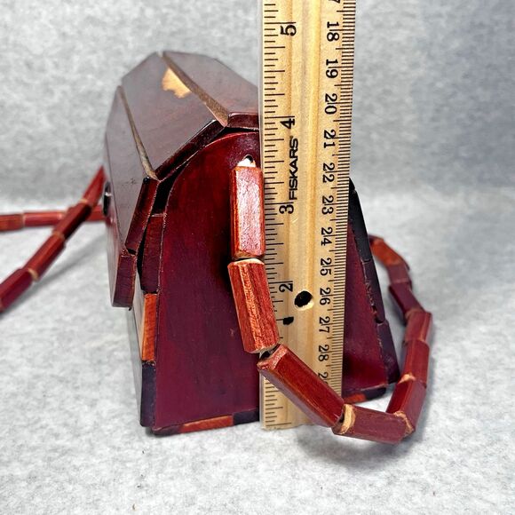 Vintage 70s Wooden Slat Shoulder Bag Small Size Two Tone Lined Snap Button Boho - Picture 12 of 15
